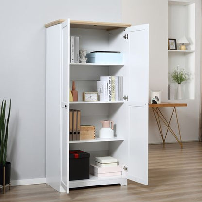 Elegant 172cm White Wooden Storage Cabinet with 4 Shelves & 2 Doors