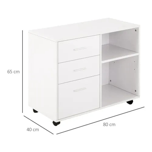 Versatile White Freestanding Storage Cabinet with Drawers & Wheels for Home/Office