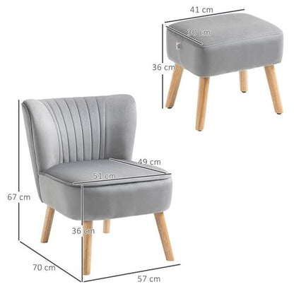 Chic Velvet Accent Chair & Ottoman Set - Stylish Comfort in Light Grey