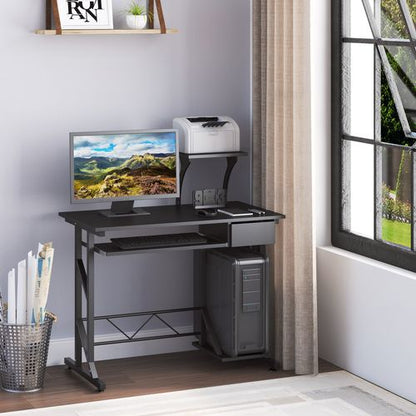 Compact Modern Home Office Desk with Sliding Tray & Elevated Shelf - Black