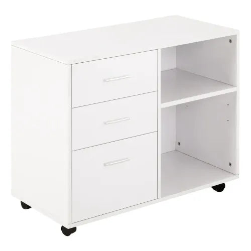 Versatile White Freestanding Storage Cabinet with Drawers & Wheels for Home/Office