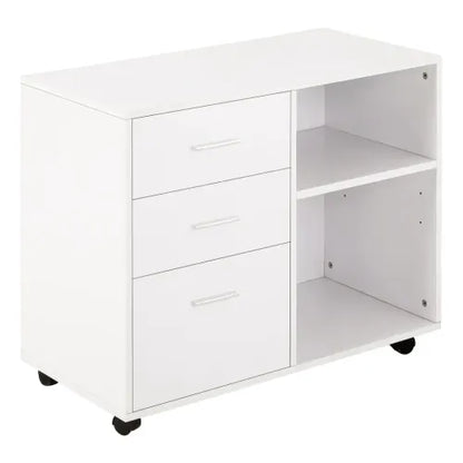 Versatile White Freestanding Storage Cabinet with Drawers & Wheels for Home/Office