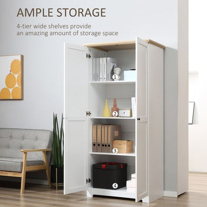 Elegant 172cm White Wooden Storage Cabinet with 4 Shelves & 2 Doors
