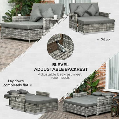Outsunny Adjustable Rattan Daybed Set: 2-Seater Patio Lounger & Storage Stool