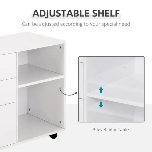 Versatile White Freestanding Storage Cabinet with Drawers & Wheels for Home/Office