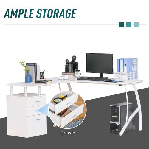 L-Shaped Corner PC Desk with Drawer - Modern Home Office Workstation in White