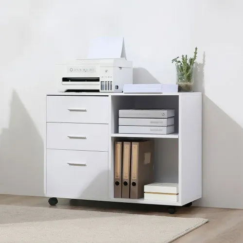 Versatile White Freestanding Storage Cabinet with Drawers & Wheels for Home/Office