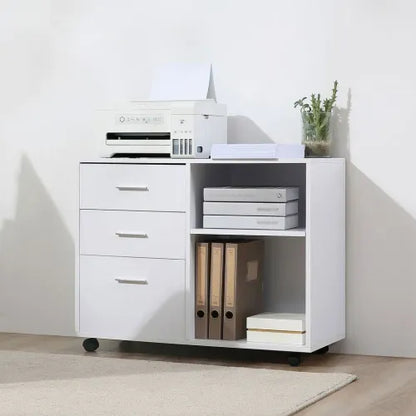 Versatile White Freestanding Storage Cabinet with Drawers & Wheels for Home/Office