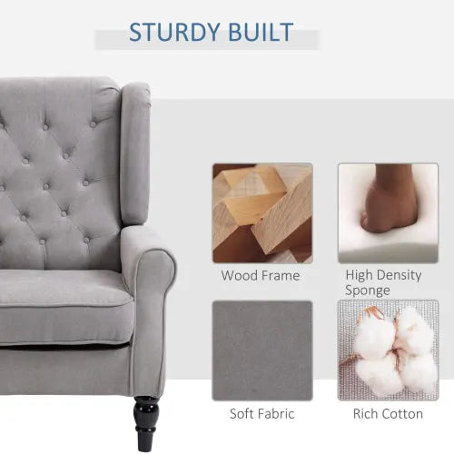 Chic Grey Wingback Accent Chair – Vintage Style with Sturdy Wooden Frame